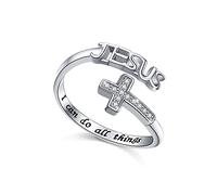 Bague en argent sterling 925 gravée « Je peux tout faire » Croix de Jésus réglable - Cadeau religieux pour femmes et filles chrétiennes,57