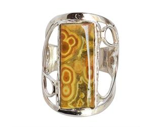 Bague en argent sterling 925 Jaspe océan - Cabochon rond 21 x 8 mm, bague en cristal multicolore pour femme, bijou de guérison en pierre naturelle 65 (20,7)