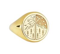 Bague en argent sterling 925 « Montagne et forêt » | Bague plaquée or | Chevalière ronde 14 x 14 mm | Taille de l'anneau : 5-12,5 US Avelaibal | LKDR_0222
