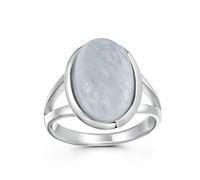 Bague en argent sterling .925 pour femmes et adolescentes avec pierre précieuse ovale cabochon, sertie, à tige fendue, style bohème, avec pierre de lune iridescente changeant de couleur.