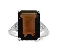 Bague en argent sterling 925 rhodié poli et quartz fumé et diamant 2 mm de large pour femme, US 7 | EU 55.25 | DE 17.25 | JP 14 | UK O, Pierre précieuse. Métal Diamant Pierre précieuse métal, Diamant