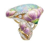 Bague en émail peint avec perles et feuilles de fleurs - Bague en oxyde de zirconium - Bague dorée en émail vert opale pour femme - Bague point-virgule pour femme, taille unique, Cuivre, Pas de pierre