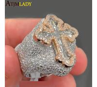 Bague en forme de croix pour hommes, deux tons de couleur, glacé, scintillant, 5A, Zircon cubique, réglage de griffes, mode luxueux, Hip Hop, bijoux de doigt