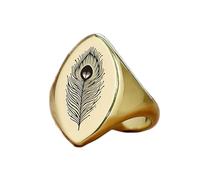 Bague en forme de marquise ornée d'une plume de paon | Argent sterling 925 plaqué or | Bijou cadeau, chevalière style vintage, bijou hypoallergénique fait main | LK_PDR_01101_9.5
