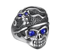 Bague en forme de tête de mort bleue en oxyde de zirconium pour homme gothique punk double tête de mort cristal bleu yeux bijoux, Acier inoxydable, Aucune pierre précieuse