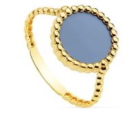 Bague en or 18 carats pour femme avec godrons, pierre centrale en agate de 10 mm, ronde, bleu clair, bord annelé. 53