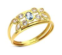 Bague en or 9 carats avec deux corps et une tête centrale ornée d'aigue-marine et de zirconiums cubiques, largeur maximale 8 mm. 53