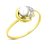 Bague en or 9 carats avec perle au centre et zircone cubique, largeur maximale de la tête 8 mm. 50