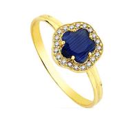 Bague en or 9 carats avec tête en forme de fleur et zircon cubique bleu, largeur maximale de la tête 9 mm. 52