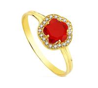 Bague en or 9 carats avec tête en forme de fleur et zircon cubique rouge, largeur maximale de la tête 9 mm. 52