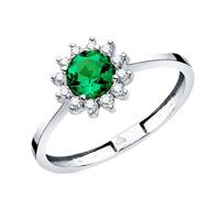 Bague en or blanc 18 carats avec émeraude recristallisée de 5 mm et 12 diamants de 0,014 ct. 54