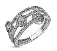 Bague en or blanc 9 carats avec trois anneaux, cercles et zircon cubique, largeur maximale 10 mm. 52