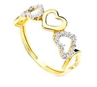 Bague en or jaune 9 carats avec cinq cœurs lisses combinés à des zirconiums cubiques, largeur maximale 7 mm. 52