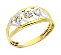 Bague en or jaune 9 carats, double corps, motifs ajourés et zircon cubique, largeur maximale 9 mm. 52