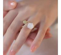 Bague en or rose et jade avec fleur de camélia et jade pour femmes et adolescentes, bague ouverte en jade floral, bague réglable en jade vert Hetian, bague empilable en pierre de jade naturelle
