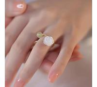 Bague en or rose et jade avec fleur de camélia et jade pour femmes et adolescentes, bague ouverte en jade floral, bague réglable en jade vert Hetian, bague empilable en pierre de jade naturelle