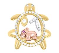 Bague en or tricolore 14 carats pour femme avec zircones cubiques violettes et blanches imitation tortue éléphant mauvais œil 7 porte-bonheur 20,7 x 20,7 mm de large bande pour femme