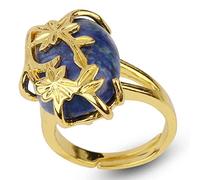 Bague en pierre naturelle avec fleur plaquée or - Bague en cristaux d'onyx noir enroulé de fil réglable ouvert, bague en lapis-lazuli chic et créatif, bijoux pour filles, anniversaire, tenue quo