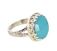 Bague en pierre précieuse calcédoine en argent sterling 925, pierre à facettes ovale bleue et jaune de 17 mm, sertie de biseau, bague en cristal brut, bijou artisanal fait main, M 1/2, Pierre