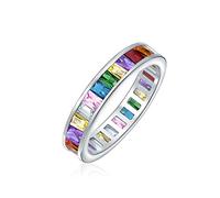 Bague Éternité Anniversaire Mariage pour Femmes en Argent Sterling .925 avec Zircon Cubique AAA, Couleurs Arc-en-Ciel LGBTQ, Taille Émeraude Rectangulaire Baguette CZ, 4MM Empilable