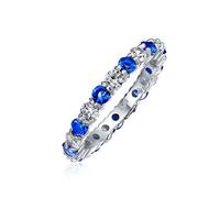 Bague Éternité Empilable Cz Zircon Cubique Bleu Blanc Alterné Saphir Simulé Argent Sterling Mois De Février