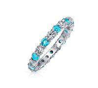 Bague Éternité Empilable Zircon Cubique Bleu Aqua Blanc Alterné Cz Simulé Aigue-Marine Argent Sterling Décembre