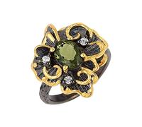 Bague fabriquée à la main en moldavite et oxyde de zirconium sertie de pierres vertes ovales et rondes à facettes en argent sterling 925, R1/2,60(19.10), Gemme, Moldavite, zircon cubique