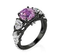 Bague femme en argent sterling noir, bague en pierre précieuse rose violette, bague femme en zircon taillé en forme de cœur, anniversaire de la Saint-Valentin (Noir, 50(15.7))