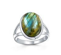 Bague Femme pour Adolescente en Argent Sterling .925 avec Pierre Précieuse Cabochon Ovale, Sertie, Anneau à Double Tige, Style Boho, Labradorite Arc-en-ciel Irisée.