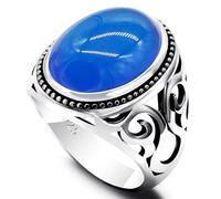 Bague for homme en argent S925 avec agate bleue naturelle - Bijou ethnique rétro fait main, style turc, idéal for un cocktail(8)