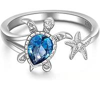 Bague Heartbeat, LoversRings Argent Tortue De Mer Étoile De Mer Anneaux for Femmes Topaze Bleue Mignon Océan Cadeaux Animaux Zircon Cubique Bijoux (Color : Silver)