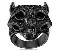 Bague Homme Viking Noir 66,Anneau Chevalière Fenrir Tête de Loup Acier Inoxydable Bijoux Alliance Vikings Porte Bonheur Cadeau pour Hommes Garçons