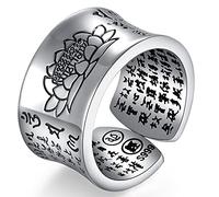 Bague homme vintage en argent sterling 999, ajustable, avec ouverture et motif du Sutra du Cœur bouddhiste. Bijou chevalière.