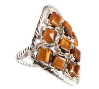 Bague œil de tigre en argent sterling 925 avec cabochon ovale ovale avec pierres rondes brunes serties à griffes réglables faites à la main en pierres précieuses naturelles, Q 1/2, Pierre précieuse