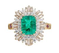 Bague imposante en argent sterling 925 avec pierre émeraude naturelle (vert et transparent) | Anneau plaqué or serti d'un halo de diamants | LK_DHR_0126