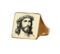 Bague Jésus carrée | Argent sterling 925 plaqué or | Bijou cadeau, chevalière style vintage, bijou hypoallergénique fait main | LK_PDR_01356_12