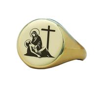 Bague Jésus et Marie ronde | Argent sterling 925 plaqué or | Bijou cadeau, chevalière style vintage, hypoallergénique, fait main | LK_PDR_01337_12.5