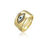 Bague large et ronde bleue turque contre le mauvais œil turc en oxyde de zirconium pour femme - Bague empilable - Extensible - Taille réglable - Plaqué or - Élégant et scintillant - Tendance - Bijou