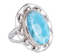 Bague Larimar en argent sterling 925 avec cabochon ovale ronde bleue sertie de pierres précieuses bleues réglables faites à la main, M 1/2, Pierre précieuse, Larimar