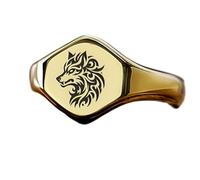 Bague loup du zodiaque, forme hexagonale | Argent sterling 925 plaqué or | Bijou cadeau, chevalière style vintage, bijou hypoallergénique fait main | LK_PDR_01080_11.5