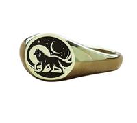 Bague loup et lune ronde | Argent sterling 925 plaqué or | Bijou cadeau, chevalière style vintage, bijou hypoallergénique fait main | LK_PDR_01050_12