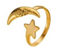 Bague Lune et Étoile - Quand la magie céleste rencontre l'artisanat terrestre, Bague ouverte motif étoile et lune, Bijoux inspirants pour elle (Gold)