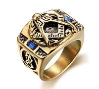 Bague maçonnique bleue pour homme Or Punk Symbole Franc-maçon Bague CZ Mason Bijoux pour homme, Acier inoxydable, Aucune pierre précieuse