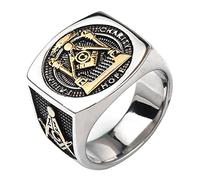 Bague maçonnique Franc maçon en Acier Inoxydable Titane avec Square G et piliers et All Seeing Eye doré pour Homme Femme Tallie 64