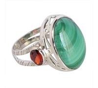 Bague Malachite et Grenat - Argent sterling 925 Marquise Cabochon Pierres Rose 20x14mm & 6x4mm, Bague de Cocktail Boho pour Femme, W 1/2, Pierre précieuse, Malachite, grenat