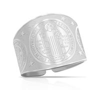 Bague médaille de Saint Benoît en Acier Inoxydable, ajustable Medalla de San Benito Croix Chrétienne Catholique Exorcisme Versets Bibliques Protection Bijoux Religieux pour Hommes Femmes