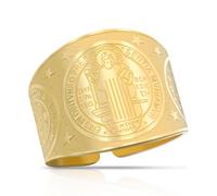 Bague médaille de Saint Benoît en Acier Inoxydable, ajustable Medalla de San Benito Croix Chrétienne Catholique Exorcisme Versets Bibliques Protection Bijoux Religieux pour Hommes Femmes