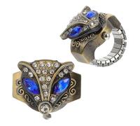 Bague-montre 2 Pièces Rétro, à Doigt, Style Vintage, Cadran Renard | Couvercle Rabattable, Lecture Facile, Alliage de Zinc, Bracelet Élastique, pour Femmes et Hommes