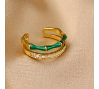 Bague ouverte à double couche en cuivre plaqué or 14K avec joint en bambou, accents en émail vert et zircone rectangulaire, bijoux empilables pour femmes, convient pour le port quotidien et en soirée