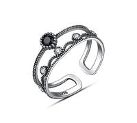 Bague ouverte double couche en argent sterling 925 incrustée d'obsidienne pour femme